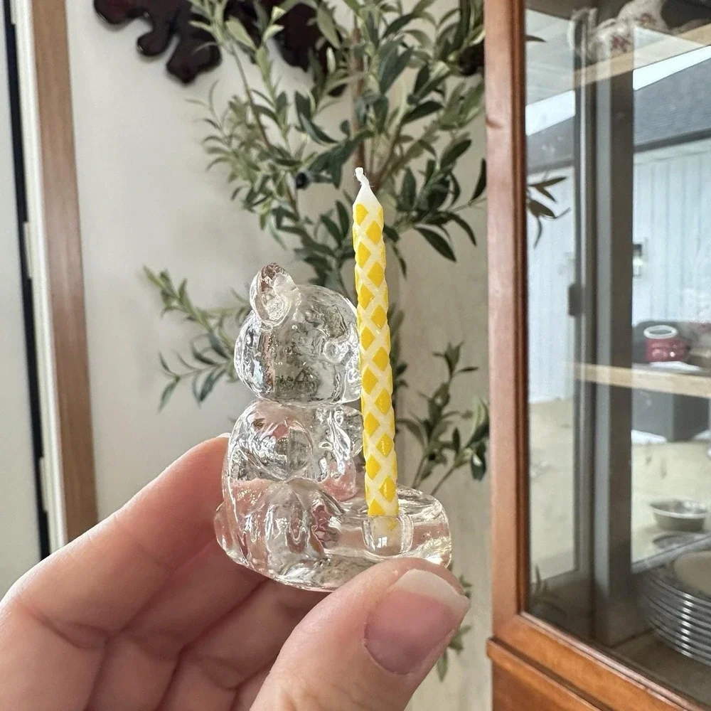 Vintage‎ Crystal Glass Teddy Bear Birthday Candle Holder Mini 2